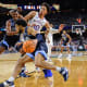 Apr 2, 2022; New Orleans, LA, USA; Villanova Wildcats guard Caleb Daniels (14) dribbles the ball against Kansas Jayhawks forward Jalen Wilson (10) during the second half during the 2022 NCAA men's basketball tournament Final Four semifinals at Caesars Superdome. Bob Donnan-USA TODAY Sports